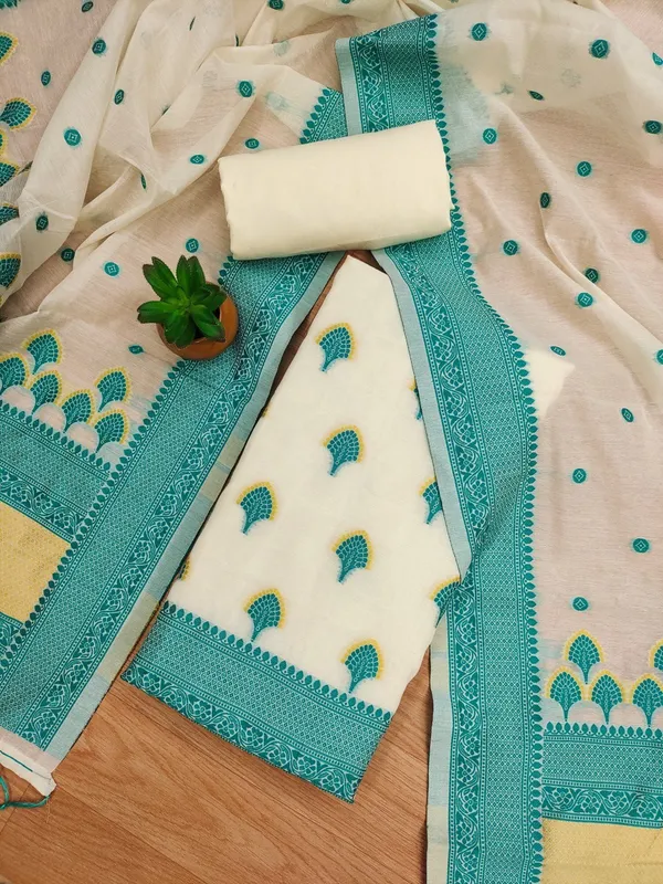Teal_Handloom_Banarasi_Cotton_Weaving_Unstitched_Kurta_Set_For_Women