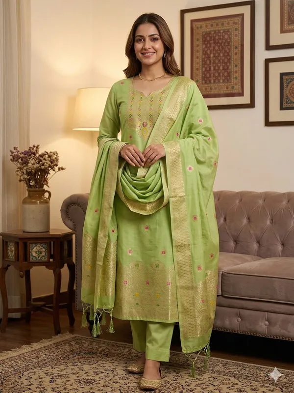 Pista_Chanderi_Banarasi_Cotton_Weaving_Unstitched_Kurta_Set_For_Women