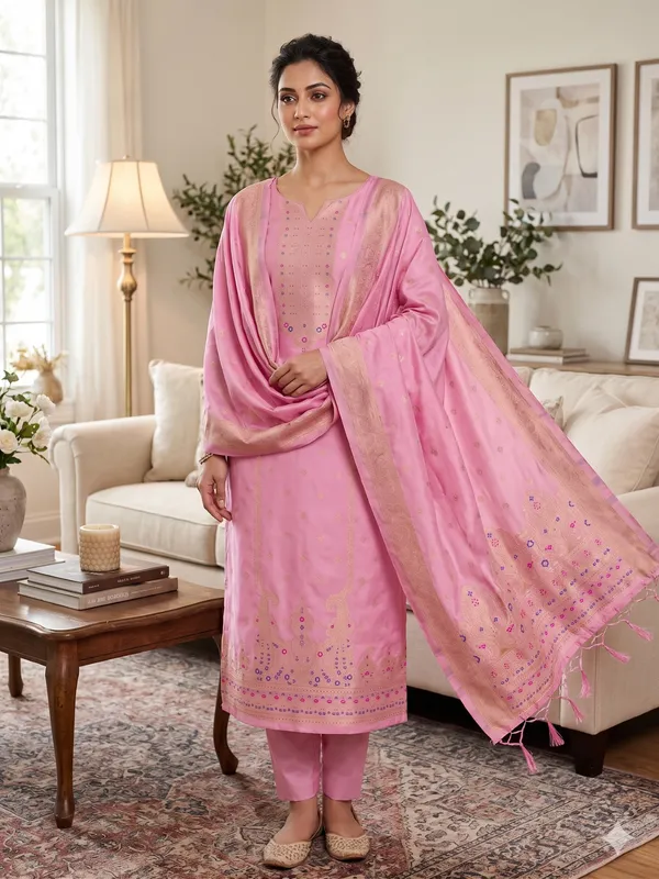 Baby_Pink_Soft_Litchi_Banarasi_Silk_Weaving_Unstitched_Kurta_Set_For_Women
