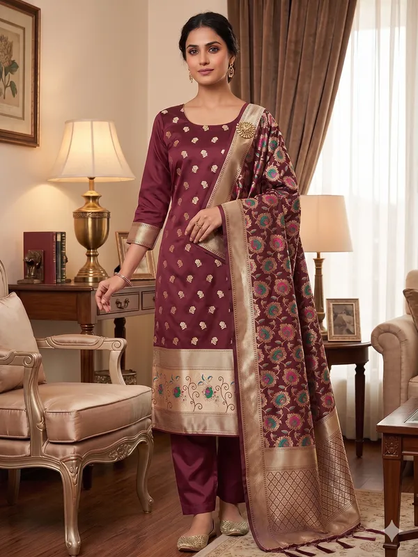 Maroon_Soft_Litchi_Banarasi_Silk_Weaving_Unstitched_Kurta_Set_For_Women