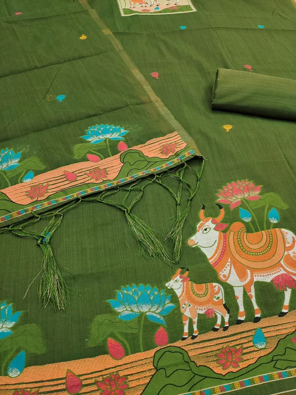 Mehendi_Jamdani_Banarasi_Cotton_Weaving_Unstitched_Kurta_Set_For_Women