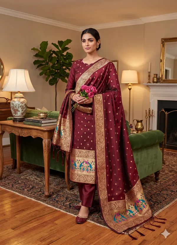 Maroon_Soft_Litchi_Banarasi_Silk_Weaving_Unstitched_Kurta_Set_For_Women