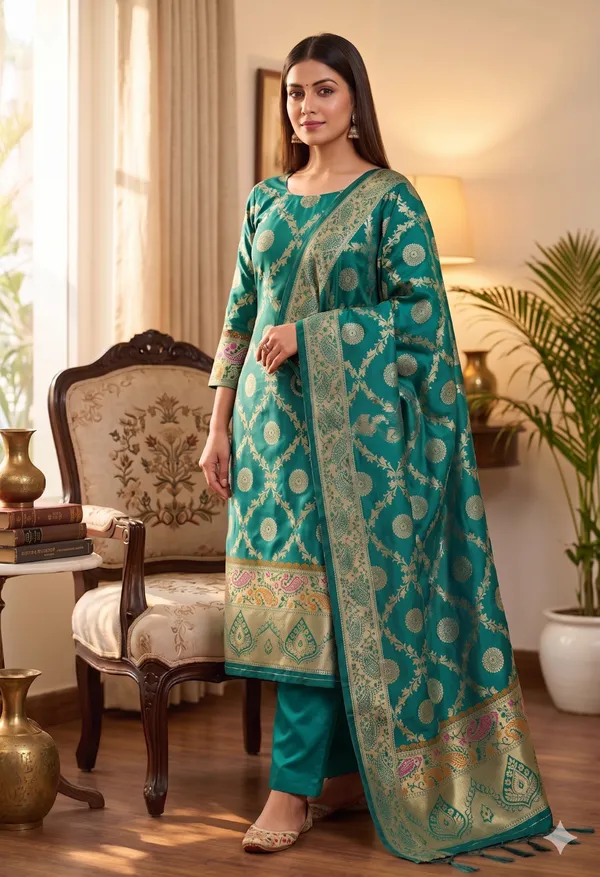 Teal_Soft_Litchi_Banarasi_Silk_Weaving_Unstitched_Kurta_Set_For_Women