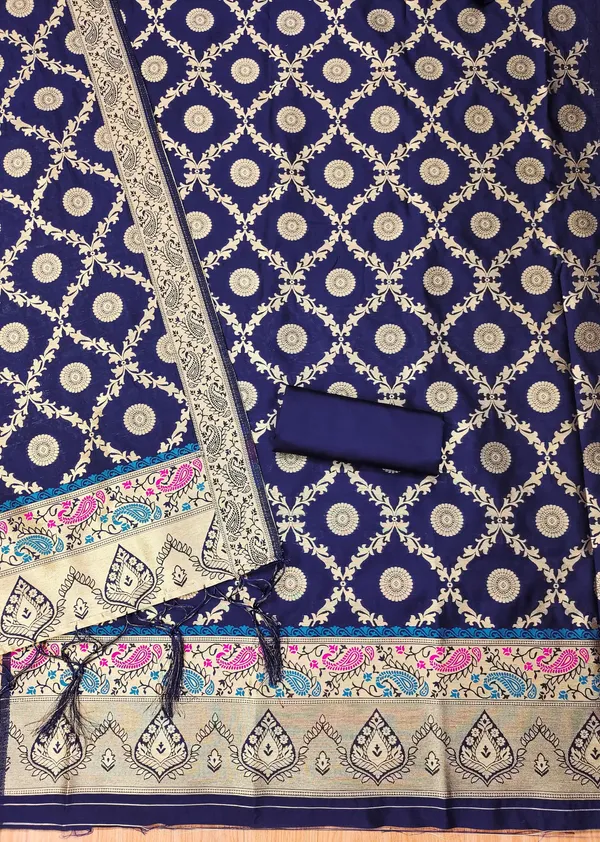 Navy_Blue_Soft_Litchi_Banarasi_Silk_Weaving_Unstitched_Kurta_Set_For_Women