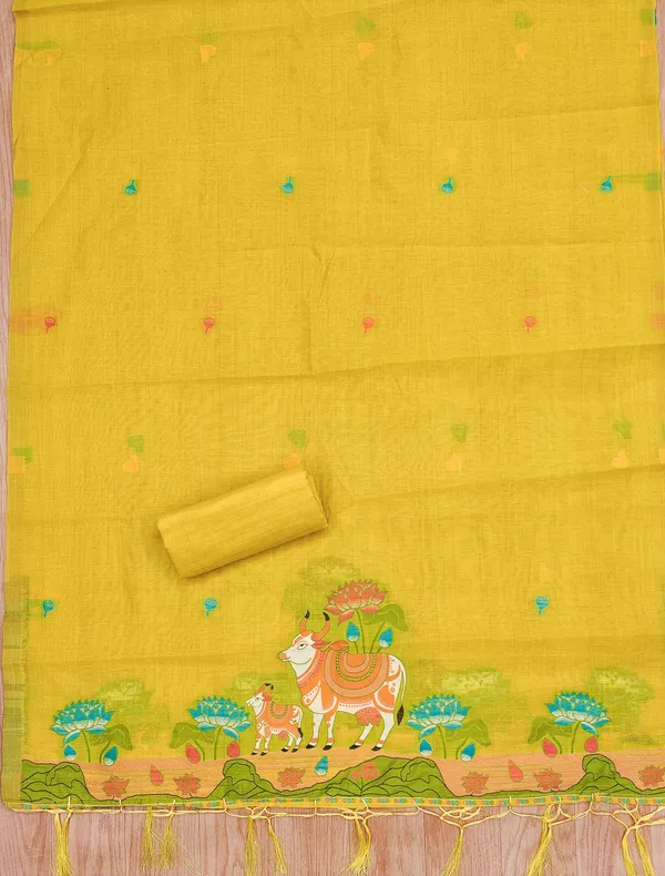Yellow_Jamdani_Banarasi_Cotton_Weaving_Unstitched_Kurta_Set_For_Women