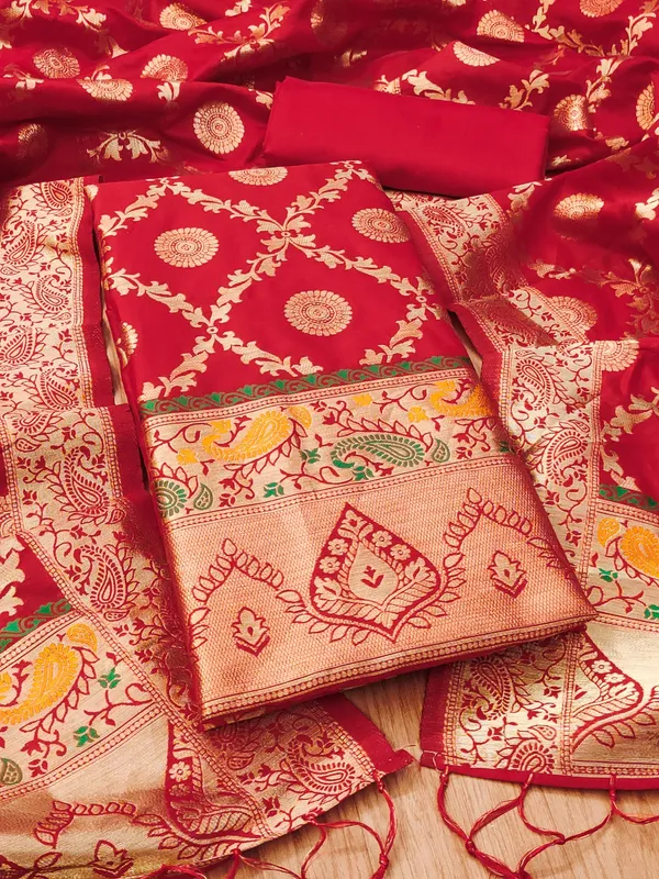 Red_Soft_Litchi_Banarasi_Silk_Weaving_Unstitched_Kurta_Set_For_Women
