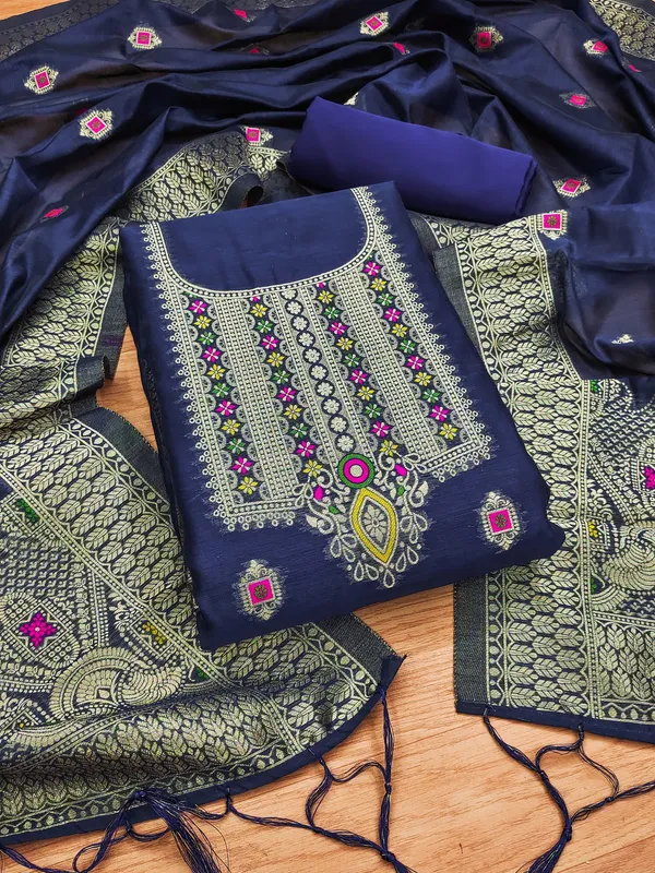 Navy_Blue_Chanderi_Banarasi_Cotton_Weaving_Unstitched_Kurta_Set_For_Women
