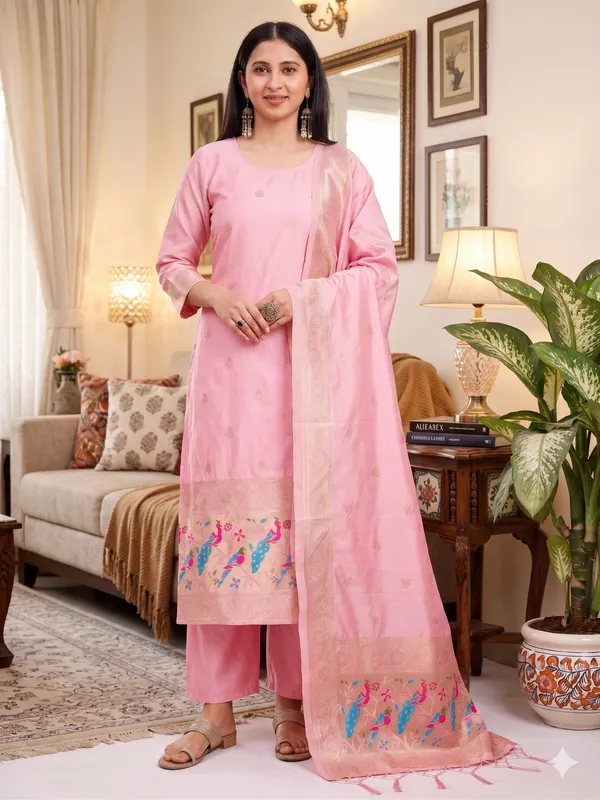 Baby_Pink_Soft_Litchi_Banarasi_Silk_Weaving_Unstitched_Kurta_Set_For_Women