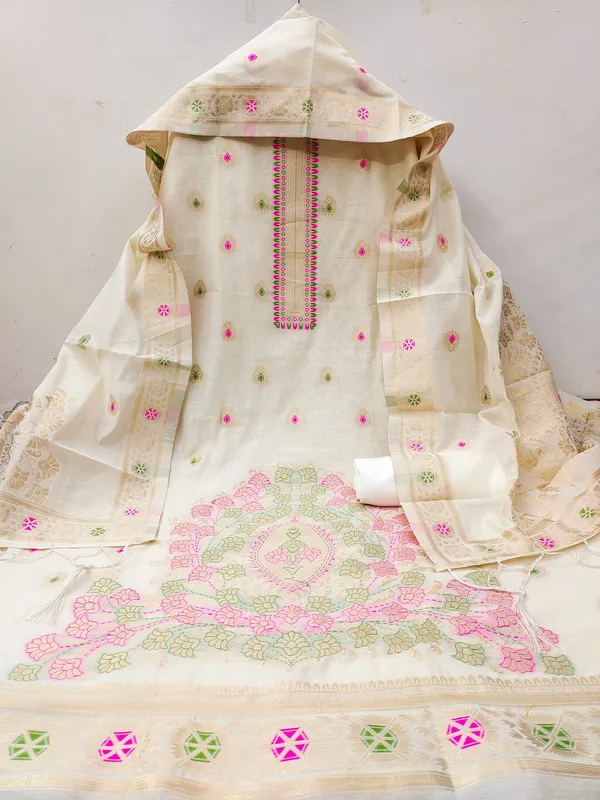 White_Chanderi_Banarasi_Cotton_Weaving_Unstitched_Kurta_Set_For_Women