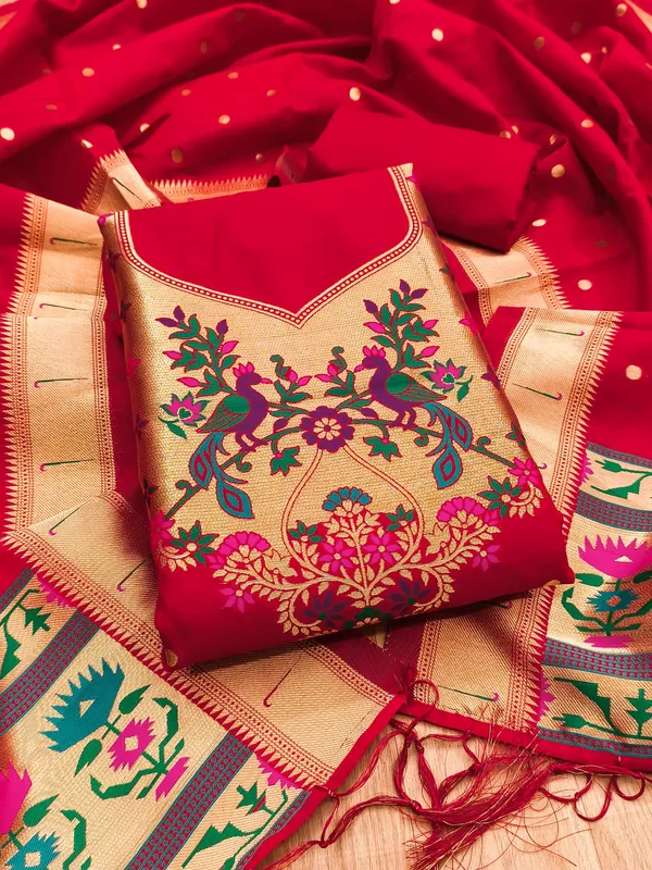 Red_Soft_Litchi_Banarasi_Silk_Weaving_Unstitched_Kurta_Set_For_Women