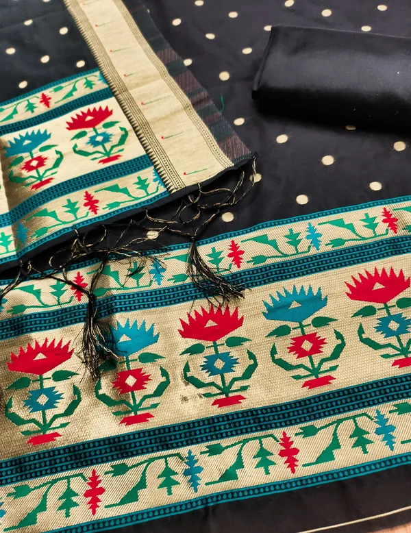 Black_Soft_Litchi_Banarasi_Silk_Weaving_Unstitched_Kurta_Set_For_Women