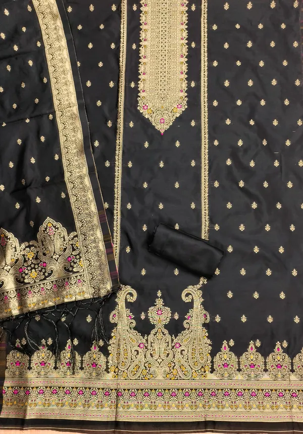 Black_Soft_Litchi_Banarasi_Silk_Weaving_Unstitched_Kurta_Set_For_Women