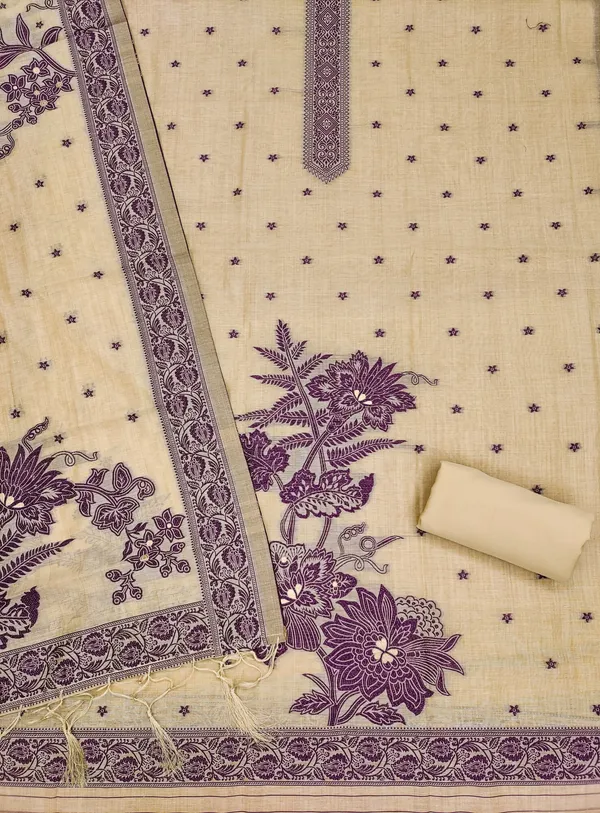 Cream_Jamdani_Banarasi_Cotton_Weaving_Unstitched_Kurta_Set_For_Women