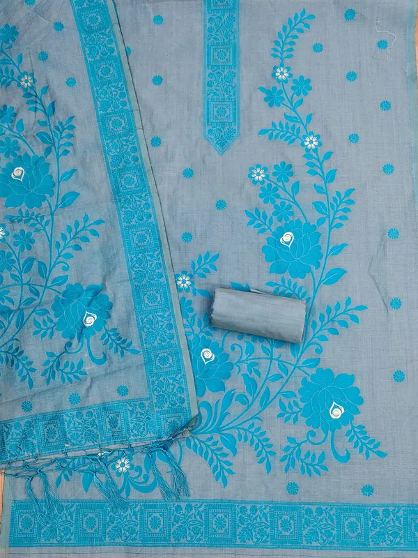 Grey_Jamdani_Banarasi_Cotton_Weaving_Unstitched_Kurta_Set_For_Women