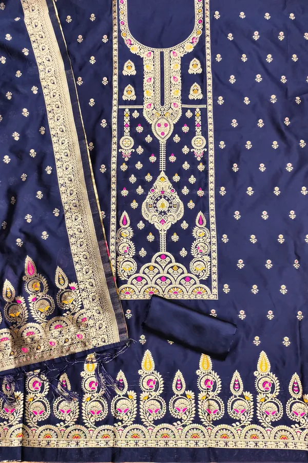 Navy_Blue_Soft_Litchi_Banarasi_Silk_Weaving_Unstitched_Kurta_Set_For_Women