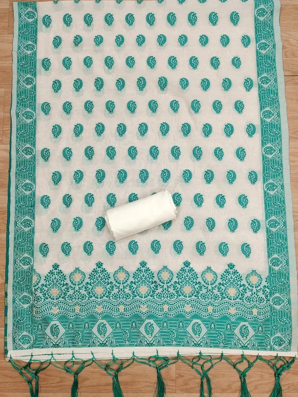 Teal_Handloom_Banarasi_Cotton_Weaving_Unstitched_Kurta_Set_For_Women