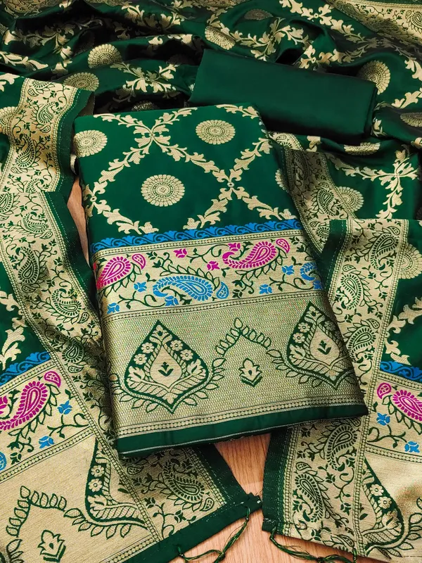 Bottle_Green_Soft_Litchi_Banarasi_Silk_Weaving_Unstitched_Kurta_Set_For_Women
