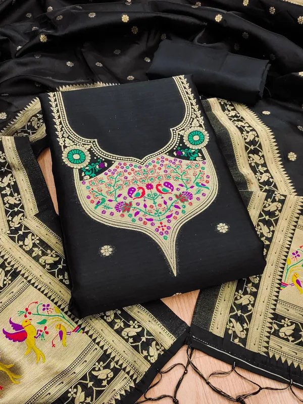 Black_Soft_Litchi_Banarasi_Silk_Weaving_Unstitched_Kurta_Set_For_Women