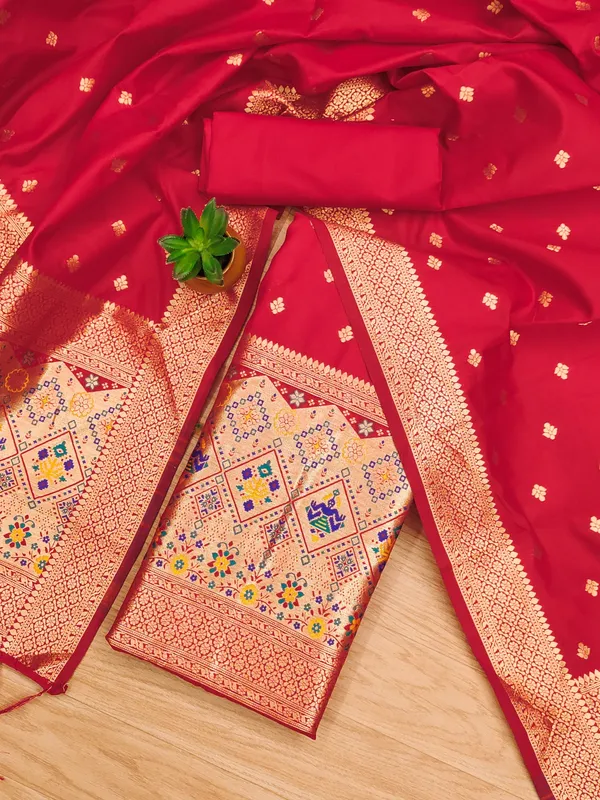 Red_Soft_Litchi_Banarasi_Silk_Weaving_Unstitched_Kurta_Set_For_Women