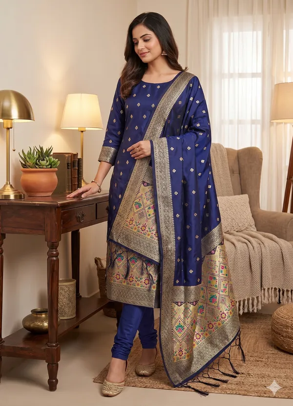 Navy_Blue_Soft_Litchi_Banarasi_Silk_Weaving_Unstitched_Kurta_Set_For_Women