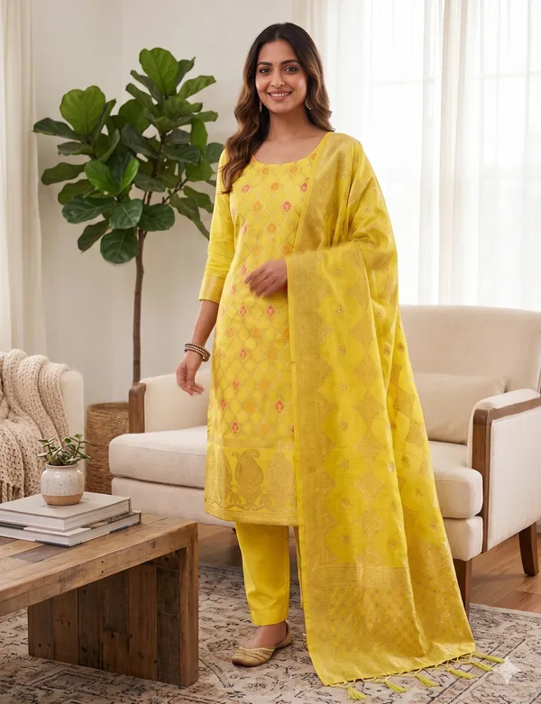 Yellow_Chanderi_Banarasi_Cotton_Weaving_Unstitched_Kurta_Set_For_Women