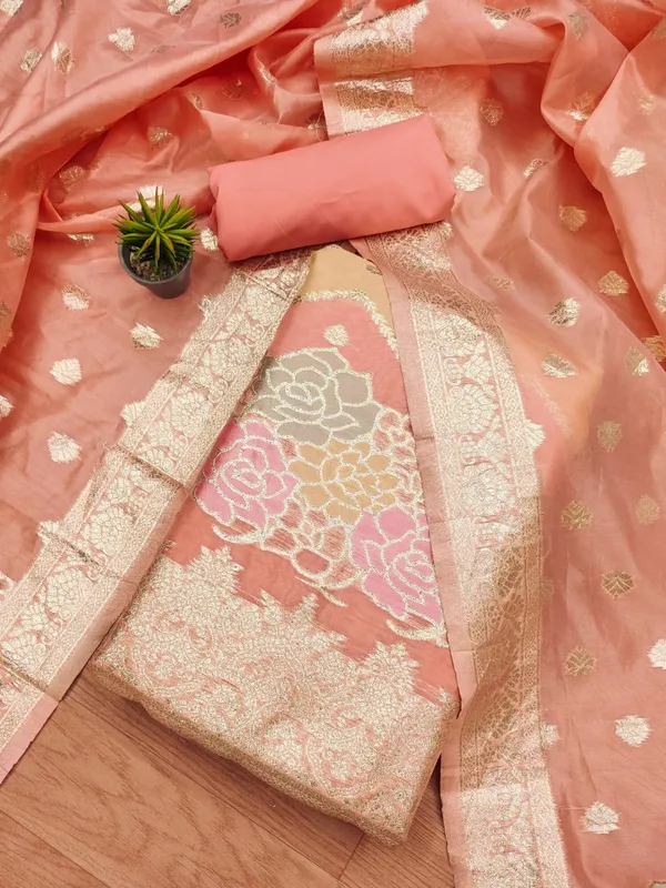 Peach_Organza_Banarasi_Silk_Weaving_Unstitched_Kurta_Set_For_Women