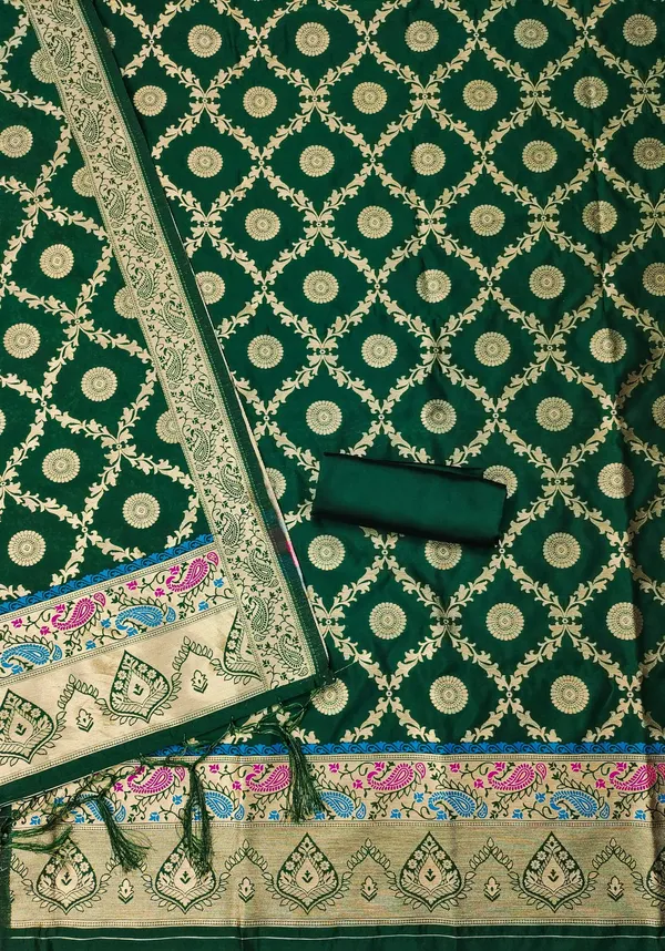 Bottle_Green_Soft_Litchi_Banarasi_Silk_Weaving_Unstitched_Kurta_Set_For_Women