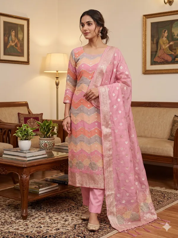 Pink_Organza_Banarasi_Silk_Weaving_Unstitched_Kurta_Set_For_Women