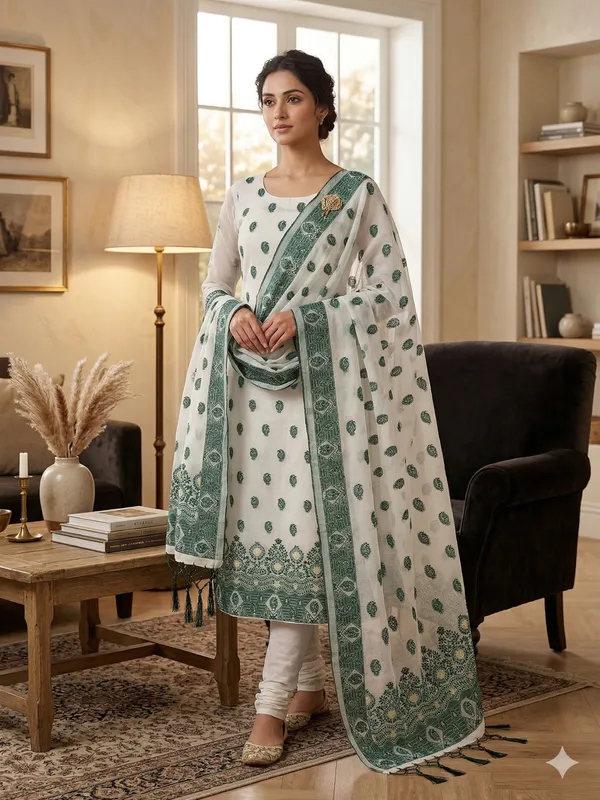 Bottle_Green_Handloom_Banarasi_Cotton_Weaving_Unstitched_Kurta_Set_For_Women