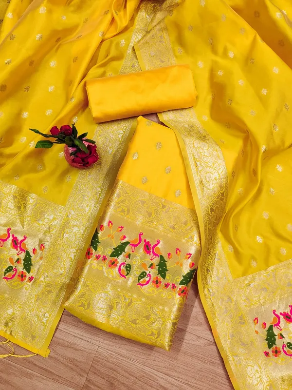Yellow_Soft_Litchi_Banarasi_Silk_Weaving_Unstitched_Kurta_Set_For_Women