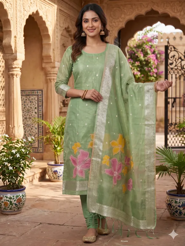 Green_Shimmer_Banarasi_Silk_Weaving_Unstitched_Kurta_Set_For_Women