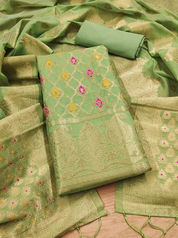 Pista_Chanderi_Banarasi_Cotton_Weaving_Unstitched_Kurta_Set_For_Women