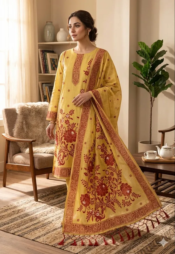 Yellow_Jamdani_Banarasi_Cotton_Weaving_Unstitched_Kurta_Set_For_Women