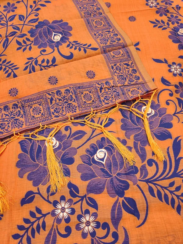 Orange_Jamdani_Banarasi_Cotton_Weaving_Unstitched_Kurta_Set_For_Women