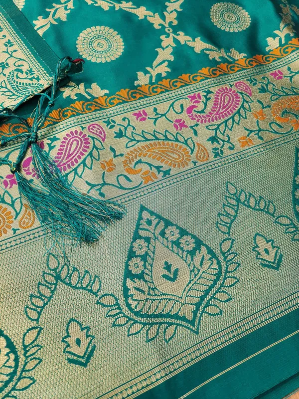 Teal_Soft_Litchi_Banarasi_Silk_Weaving_Unstitched_Kurta_Set_For_Women