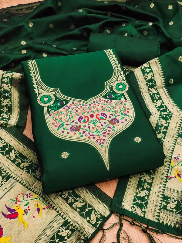 Bottle_Green_Soft_Litchi_Banarasi_Silk_Weaving_Unstitched_Kurta_Set_For_Women