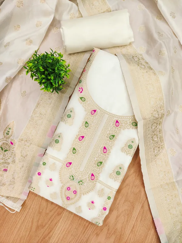 White_Soft_Litchi_Banarasi_Silk_Weaving_Unstitched_Kurta_Set_For_Women