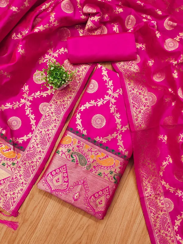 Pink_Soft_Litchi_Banarasi_Silk_Weaving_Unstitched_Kurta_Set_For_Women