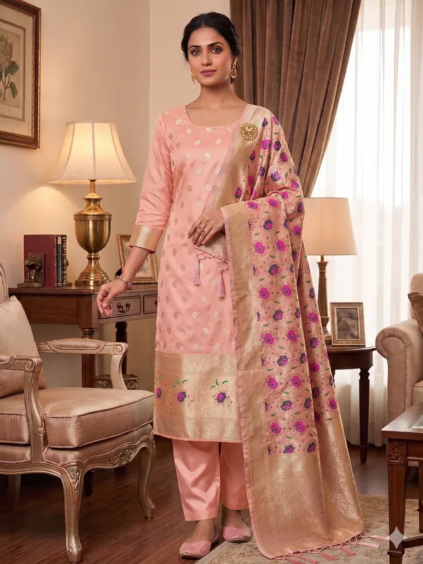Peach_Soft_Litchi_Banarasi_Silk_Weaving_Unstitched_Kurta_Set_For_Women