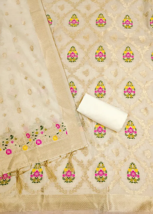 White_Chanderi_Banarasi_Cotton_Weaving_Unstitched_Kurta_Set_For_Women