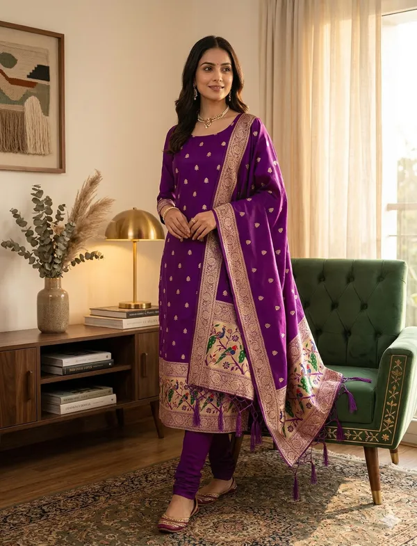 Purple_Soft_Litchi_Banarasi_Silk_Weaving_Unstitched_Kurta_Set_For_Women