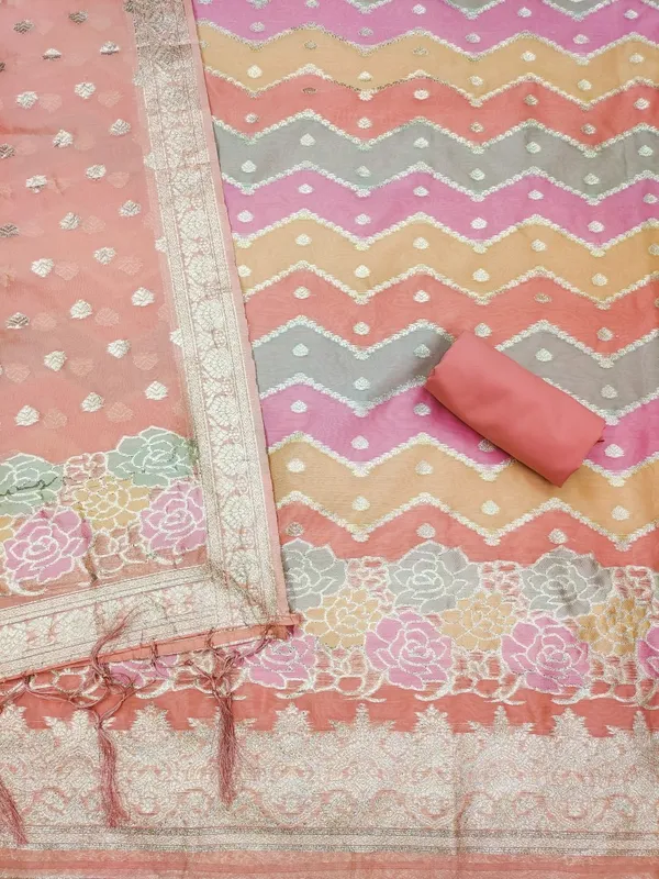 Peach_Organza_Banarasi_Silk_Weaving_Unstitched_Kurta_Set_For_Women