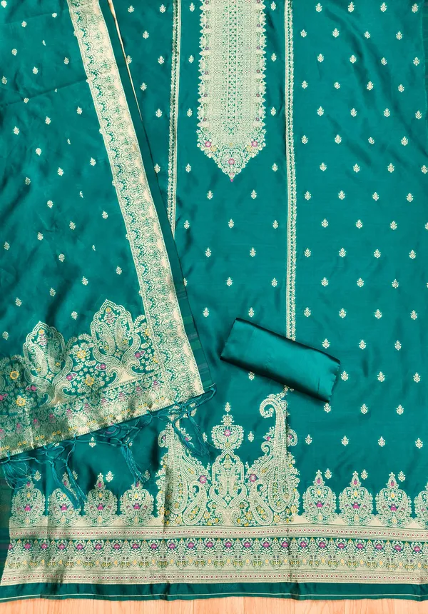 Teal_Soft_Litchi_Banarasi_Silk_Weaving_Unstitched_Kurta_Set_For_Women