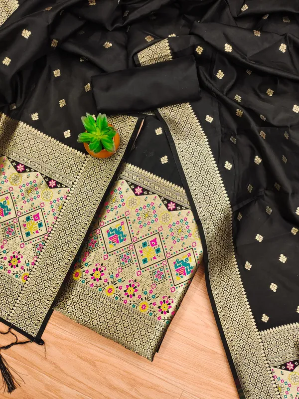 Black_Soft_Litchi_Banarasi_Silk_Weaving_Unstitched_Kurta_Set_For_Women