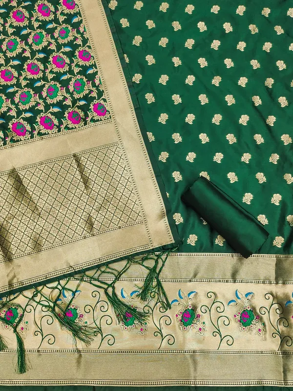 Bottle_Green_Soft_Litchi_Banarasi_Silk_Weaving_Unstitched_Kurta_Set_For_Women