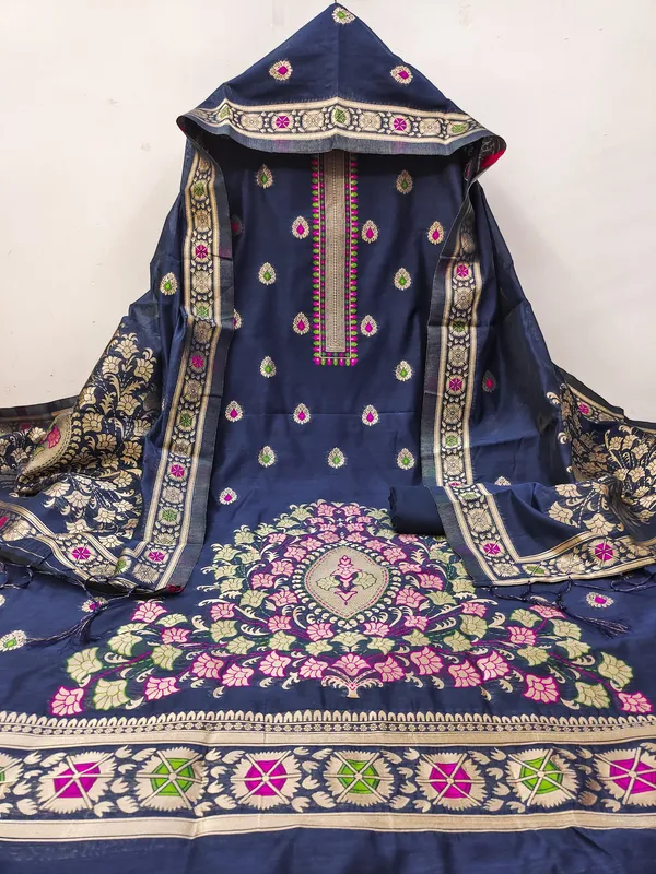 Navy_Blue_Chanderi_Banarasi_Cotton_Weaving_Unstitched_Kurta_Set_For_Women