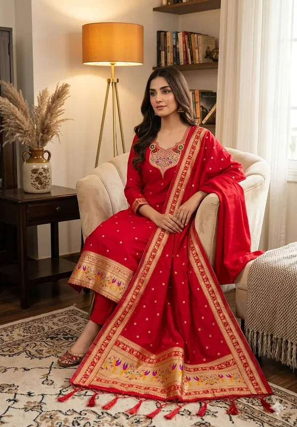 Red_Soft_Litchi_Banarasi_Silk_Weaving_Unstitched_Kurta_Set_For_Women