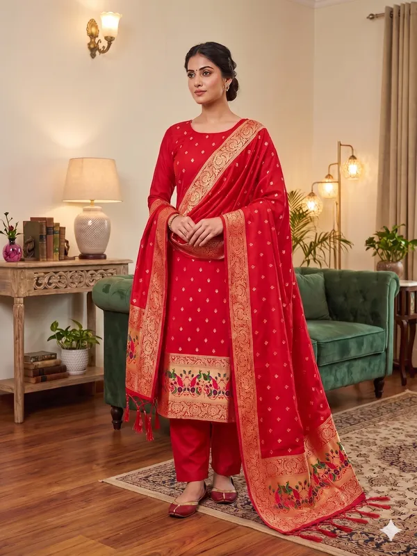 Red_Soft_Litchi_Banarasi_Silk_Weaving_Unstitched_Kurta_Set_For_Women