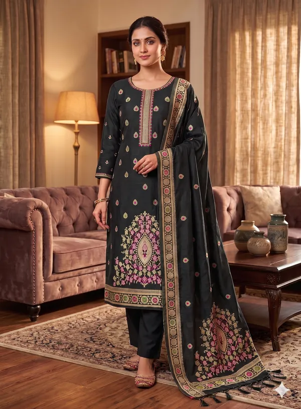 Black_Chanderi_Banarasi_Cotton_Weaving_Unstitched_Kurta_Set_For_Women