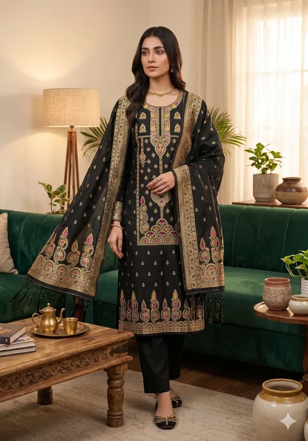 Black_Soft_Litchi_Banarasi_Silk_Weaving_Unstitched_Kurta_Set_For_Women